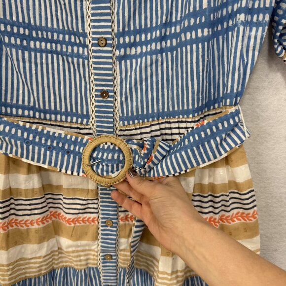 Ash & Eden Shirt Dress Womens Medium Blue Tan Stripe Belted Midi Cotton Collared - Picture 6 of 10